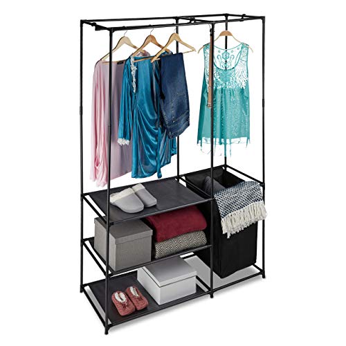 Relaxdays Armario Abierto Ropero, Perchero, Vestidor con Estantes y Cesto Ropa Sucia, Metal, 180 x 115 x 50 cm, Negro