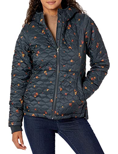 Amazon Essentials Chaqueta Acolchada Ligera y Resistente al Agua con Capucha y Forro de Sherpa para Mujer, Estampado Floral de Hojas Negras, Talla L