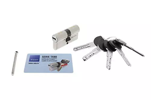 Tesa Assa Abloy, TX853035N, Cilindro de Alta Seguridad, TX80, Doble Embrague, Leva Larga, Llave - Llave, Niquelado, 30 x 35 mm