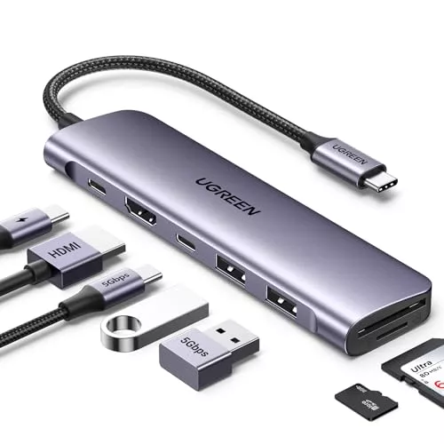 UGREEN Revodok 1071 Hub USB C HDMI 4K Adaptador Tipo C Lector Tarjeta SD TF PD 100W Carga Compatible con MacBook Pro Air M3 M2 M1, iPad, iPhone 16 Plus MAX, Galaxy S24