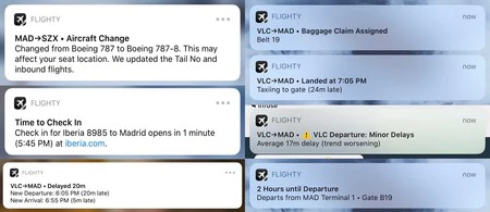 iOS 版 Flighty が飛行前、飛行中、飛行後に送信する通知のさまざまな例。