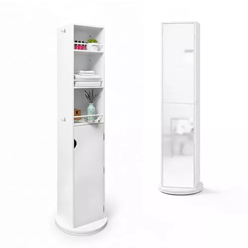 Baroni Home Columna Giratoria con Espejo a 360° con Estantes y Puerta, Mueble de Ahorro de Espacio para Baño y Dormitorio, Puerta con Cierre Magnético, 36,5x36,5x169 cm (Blanco)