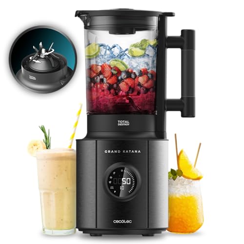 Cecotec Batidora de Vaso Grand Katana 2700MAX Total Destroy Screen B. Potencia Máx 2700W, Pantalla Digital, Cuchilla de 8 hojas con Recubrimiento de Titanio Negro, Jarra de Vidrio Fundido con 1,8L