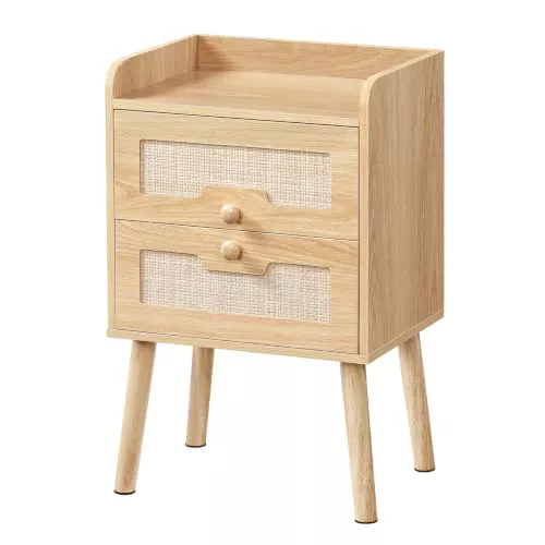 HOOBRO Mesita de Noche con Diseño de Ratán, Mesa Auxiliar de Sofá