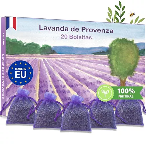 20 bolsitas de Lavanda perfumadas - Origen Provence France - 120G - Bolsa de Olor para Armario, Ropa y Armario. Bolsa de Lavanda Seca Desodorante Aroma Intenso.