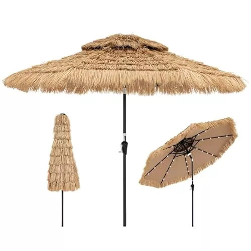 COSTWAY Sombrilla Terraza Exterior con Techo de Paja, Sombrilla Hawaiana con 8 Varillas, Botón para Inclinación, Parasol Exterior con Doble Respiradero para Playa Patio Piscina (270cm con Luz)