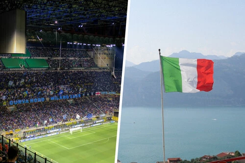 Composición con foto del estadio San Siro (Milán) y foto de la bandera de Italia