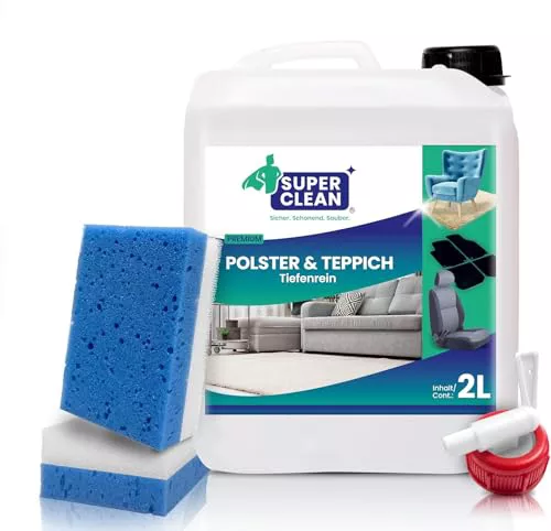 SUPER CLEAN Limpiador concentrado para tapicerías y alfombras | 2 L + 2 esponjas para tapicería | Limpieza profunda de sofás, asientos y moquetas