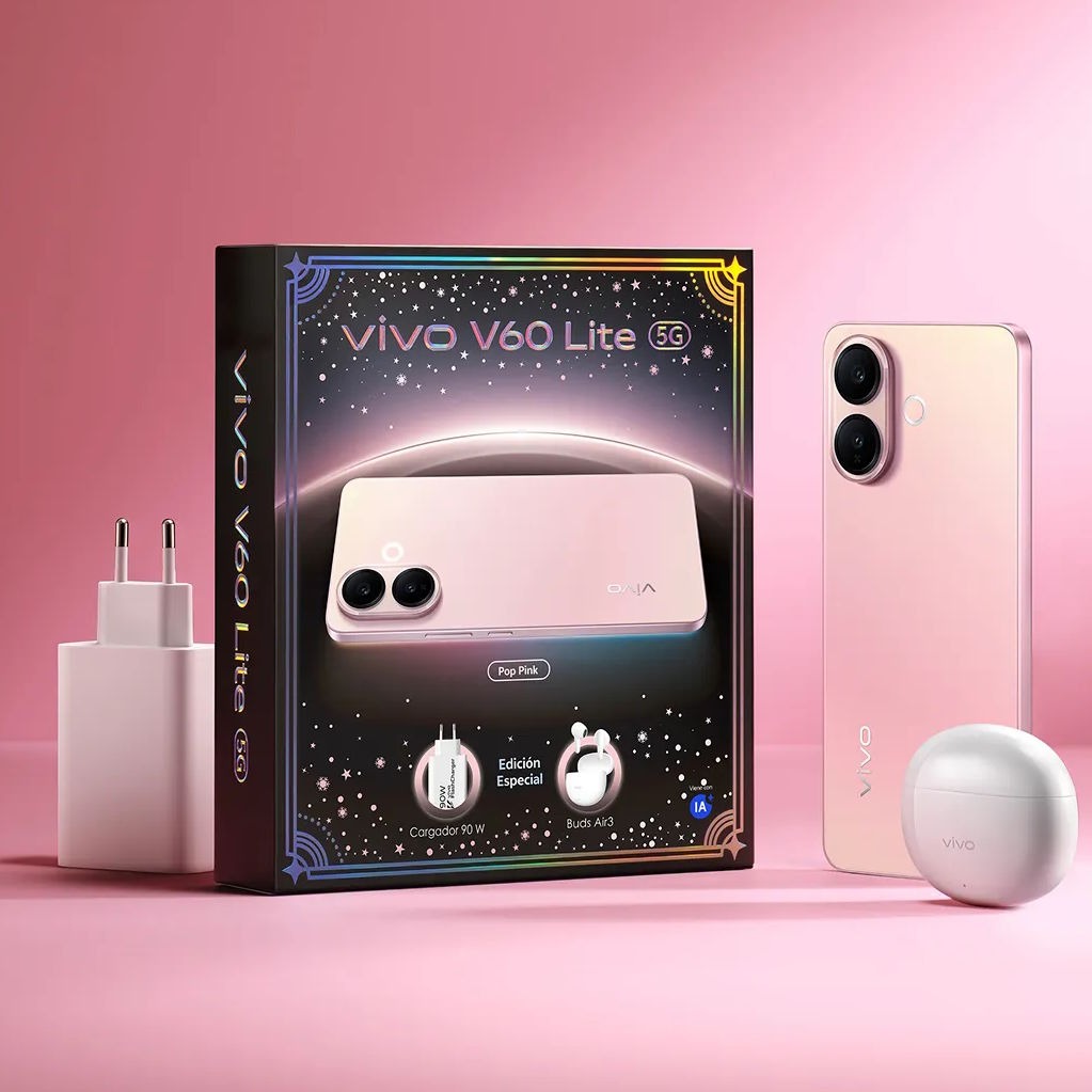 El vivo V60 Lite 5G deslumbra con su enorme batería, pantalla de gama alta y cámara Aura Light. La versión 8+256 GB incluye cargador y auriculares en forma de ‘pack’.