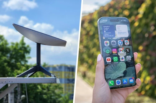 Composición con foto de una antena de Starlink y foto del iPhone 16 Pro
