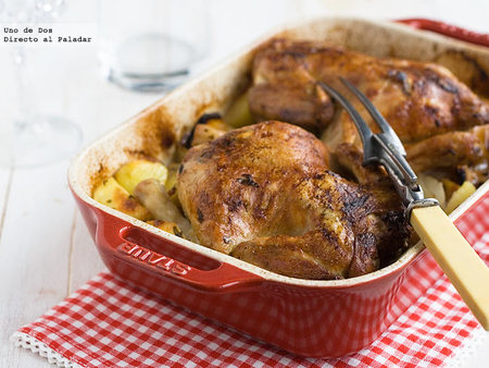 Receta de pollo asado con patatas adobadas