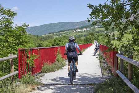 Ciclista En El Viaducto De Gulina En La Via Verde Del Plazaola