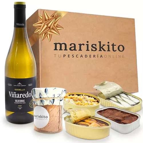 MARISKITO | Caja Regalo Gourmet – Botella Vino Blanco y Pack 5 Conservas Gallegas – Mejillon, Sardinilla, Berberecho, Zamburiña, Bonito - Lote Navidad, Aniversarios, Celebraciones - La Mar de Especial