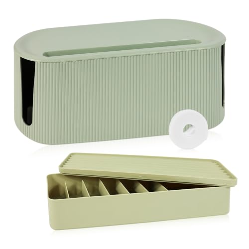 Destiny SM - Caja Cables, Caja Organizadora Cables, Esconder Cables, Caja Cables Organizador, Caja para Cables, Caja Guarda Cables + Caja Regleta Enchufes - Diseño Moderno y Atractivo. (Verde)