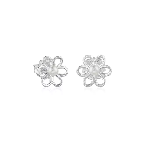 TOUS Pendientes de Plata de Primera Ley para Mujer con Motivo Flor de 1.1 cm y Perlas con Cierre de Presión, Elegante y Simple, Colección Maggie
