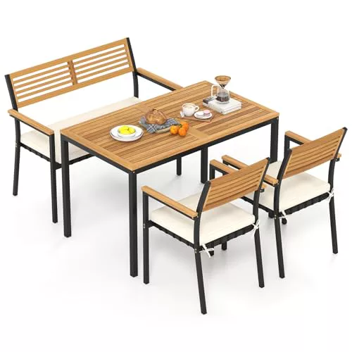 COSTWAY Conjunto Jardín Exterior de 4 Piezas, Madera Acacia, Muebles de Comedor con Mesa, 2 Sillas, Sofá de 2 Plazas，Mesa y Sillas Jardin Patio Terraza Balcon