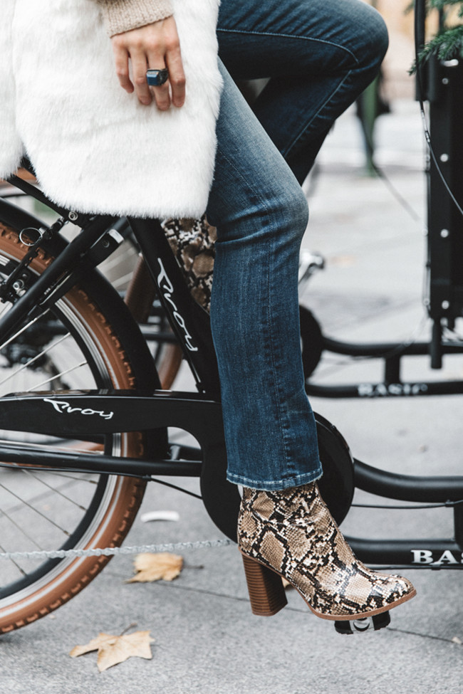 Patchwork Coat Faux Fur Coat Asos Mother Jeans Denim Cable Knit Sweater Snake Effect Booties Topknot Collage Vintage Street Style Outfit 6