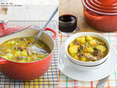 Guiso de ternera con patatas a la jardinera. Receta