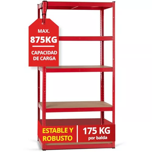 Stagecaptain Heavyrack HR-175 RD Estantería Metálica - Estanteria Almacenaje de Cargas Pesadas de 875 kg MAX. - Estante Almacenamiento - 5 Baldas Ideal para Hogar, Garaje, Cocina, Multiusos - Rojo