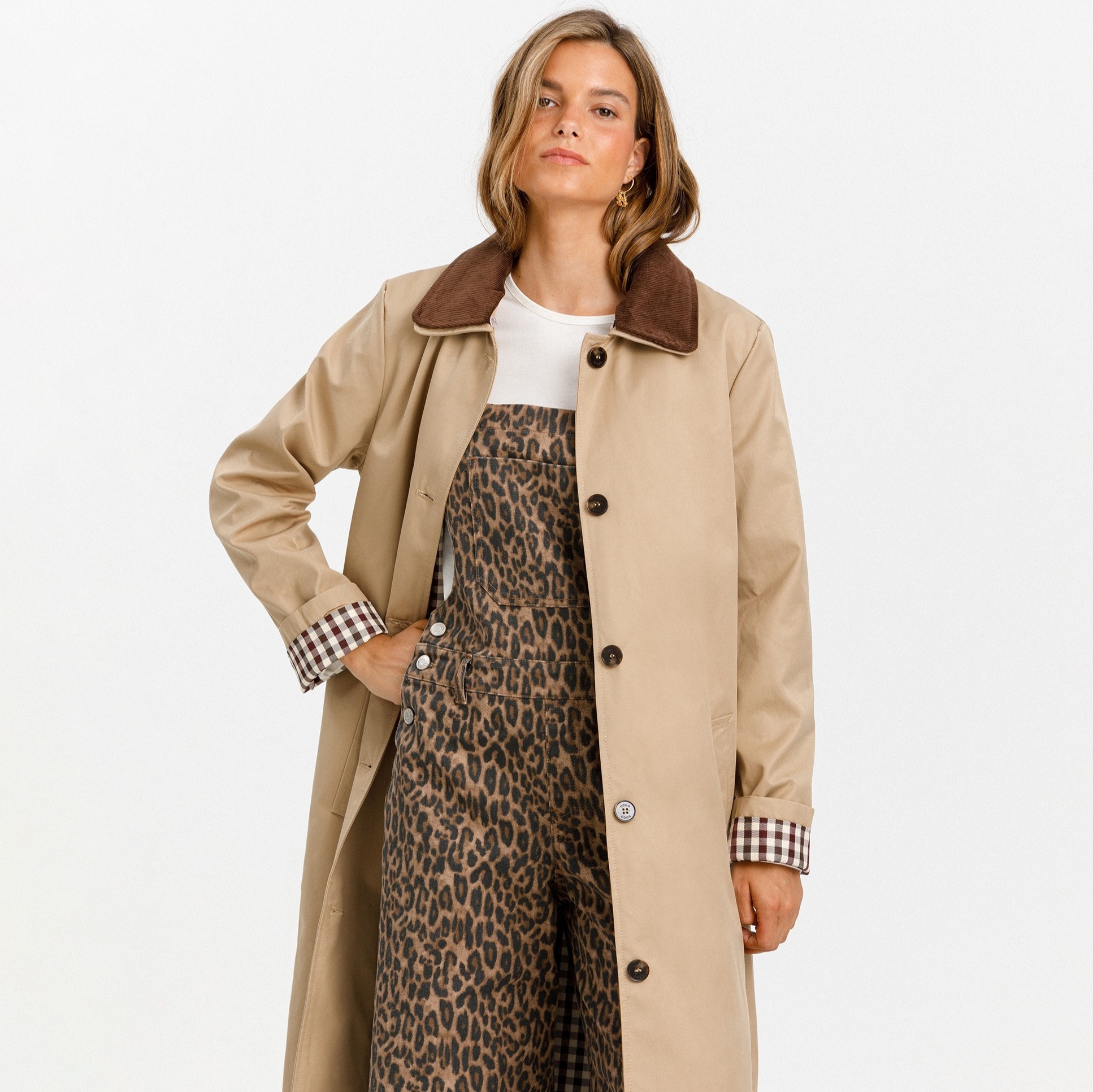 Gabardina larga de mujer con cuello camisero - Noon - Beige

