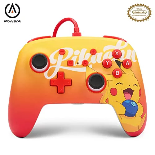 Mando con cable mejorado PowerA para Nintendo Switch - Oran Berry Pikachu, mando, mando para videojuegos, mando con cable, con licencia oficial