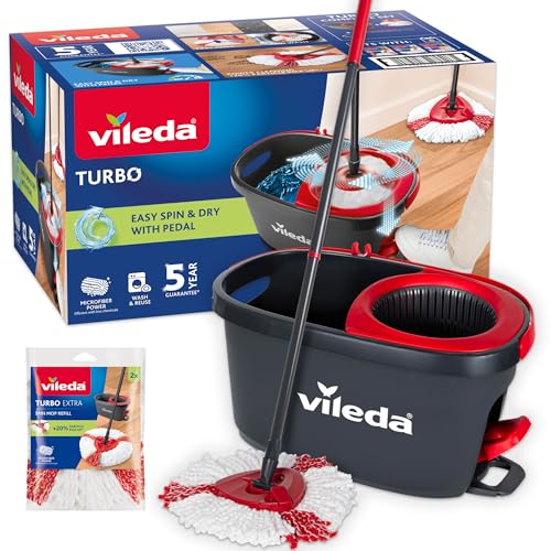 Vileda Turbo, Juego de Fregona Giratoria, Cubo con Pedal, Negro y Rojo