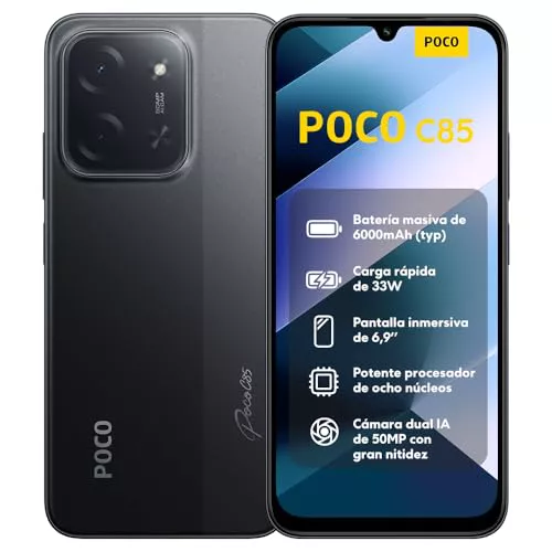 XIAOMI POCO C85 - Smartphone de 8+256GB, Cámara Dual de 50MP con AI, Pantalla inmersiva de 6,9”, Potente procesador Octa-Core, Carga rápida de 33W, 6000mAh, Cargador no Incluido, Negro (Versión ES)
