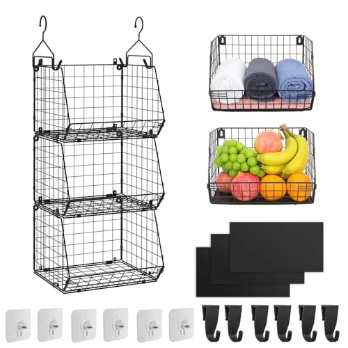 Wuciray Fruteros de Cocina Colgante Cesta Frutas y Verduras Cocina Frutero Plegable 3 Pisos con 6 Ganchos Colgante Apilable Estantes para Fruta Estantería Frutas(1#)