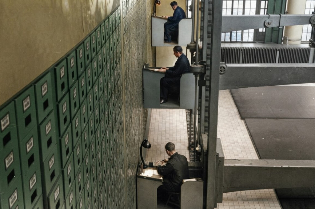 Los escritorios del futuro ya existían en 1937: así trabajaban los archivistas checoslovacos con ascensores mecánicos personales