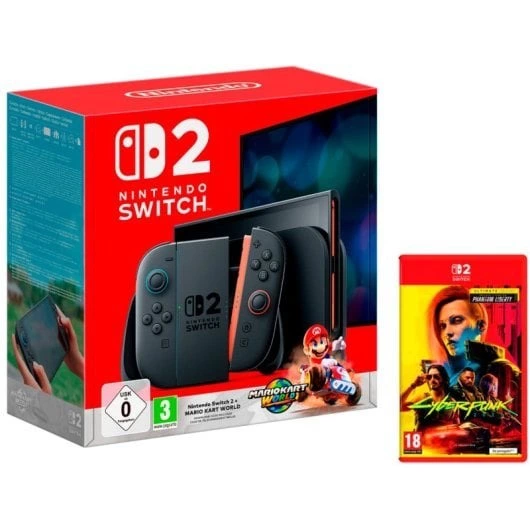 Nintendo Switch 2 Consola + Mario Kart World + Cyberpunk 2077: Ultimate Edition + Neon Blue & Red Headset