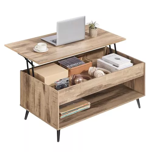 VASAGLE Mesa de Centro con Tablero Elevable, Compartimento Oculto