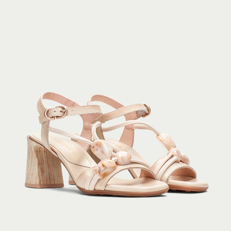 Zapatos mujer sandalias de tacón en piel con adorno de piedras Blanco Hispanitas