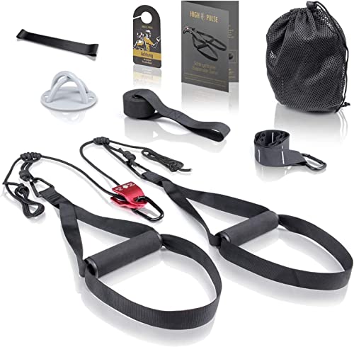 High Pulse Entrenamiento Suspension (7 Piezas) – Kit Fitness + polea, Anclaje para Puerta, fijación para Pared, póster, Cartel para Puerta, Funda y Banda de Resistencia