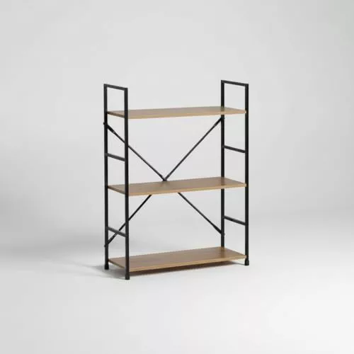 INDE MOBLEKIT | Estantería Metálica 3 Niveles 58.6x23.5x80 cm Negra, Mueble Auxiliar con Baldas de Madera y Refuerzo Cruzado, Organización para Baño, Cocina, Dormitorio u Oficina