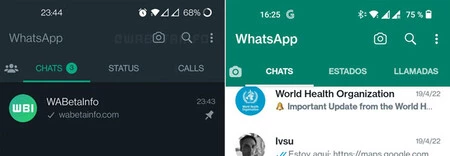 コミュニティがアクティブになったときに WhatsApp のボタンとタブがどのように表示されるか (左)、および 2 つのカメラ ボタンがある場合の現在の表示方法 (右)