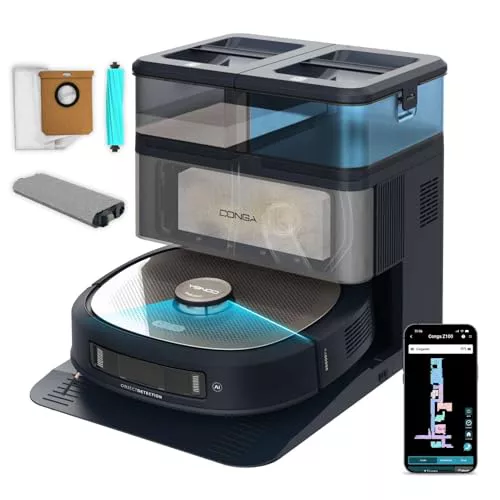 Cecotec Robot Aspirador y Friegasuelos con IA, Base Autovaciado y Tecnología Láser Conga Z100. 20000Pa, Fregado Profesional con Mopa Bimaterial XXL, Autovaciado Polvo, Agua y Limpieza de Mopas, App
