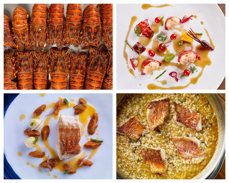 De izquierda a derecha y de abajo a arriba: Santiaguiños, bogavante flambeado con su jugo, virrey a la brasa con ñoquis y oricios, y arroz con salmonetes.