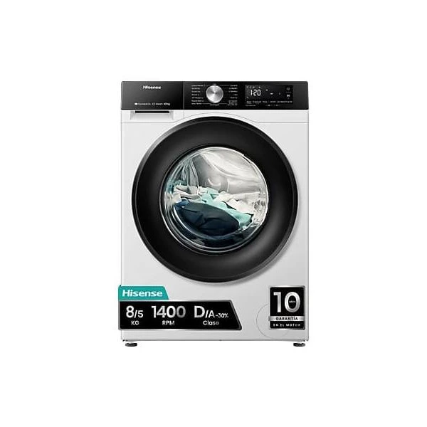 Lavadora secadora - Hisense WD3S8043BW3, 8 kg/5 kg, 1400 rpm, 16 programas. Clase A-30%, WiFi, Blanco
