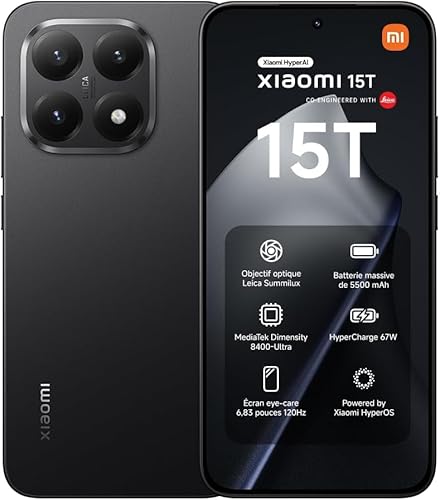 XIAOMI 15T, Smartphone 12 + 512 GB, Pantalla 6.83" 120Hz con Protección Ocular, MediaTek Dimensity 8400-Ultra, Lente Leica Summilux 50MP, 5500mAh, Negro, Cargador Incluido, NFC