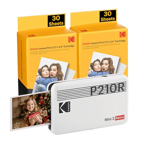 Kodak Mini 2 Retro 4Pass, Impresora Fotográfica + 68 Fotos, Fotos Instantáneas Tamaño 54X86mm, Conexión Inalámbrica Bluetooth - Blanco