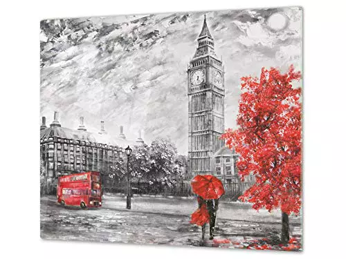 Cubre vitrocerámica y tabla de cortar de cristal templado – Superficie de vidrio templado resistente – UNA PIEZA (60 x 52 cm) o DOS PIEZAS (30 x 52 cm); D13 Serie Dibujos: Big ben rojo