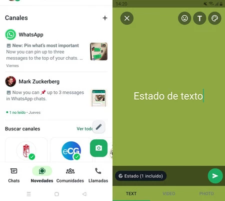 テキストと音声または画像のステートを作成するための現在のダブル フローティング ボタン (左) と、すべてのタイプを備えた新しいステート エディター (右)