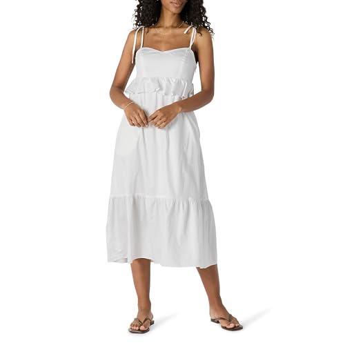 Amazon Essentials Vestido Midi Entallado y con Vuelo con Volantes y Cintura Imperio de Satén de Algodón Mujer, Blanco, XL