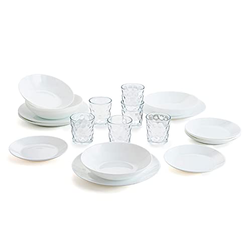 Arcopal Vajilla blanca completa para 6 personas 18 piezas + Set de 6 vasos de vidrio 26cl, Único, 19 piezas