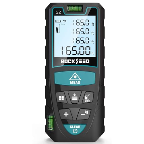 Medidor Láser 50M,RockSeed Medidor de Distancia Láser Digital con 2 Niveles de Burbuja,Telémetro Láser Portátil con LCD Retroiluminado Unidad M/in/Ft y Medición de Distancia/Area/Volumen/Pitagórico