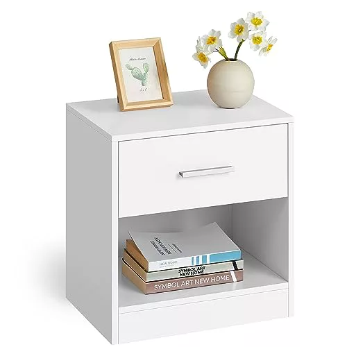 VASAGLE Mesita de Noche, Mesa Auxiliar con Cajón, Asa, Compartimento Abierto, para Dormitorio, Salón, Blanco Nube LET619T14