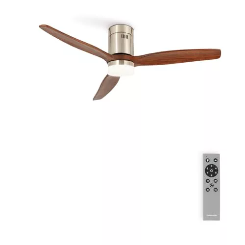 CREATE / WINDCALM NATURAL WOOD M/Ventilador de techo con luz níquel aspas madera oscura y mando / 40W, Temporizador, Ø132 cm, 6 velocidades, 3 temperaturas de luz, función verano-invierno