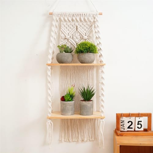 lomonmen Estante Colgante de Pared de macramé Bohemio,Borla Tejida a Mano Estante Flotante,Estanteria Madera con Cuerdas Doble Capa para Decoración de Pared de Sala de Estar,Oficina,Dormitorio
