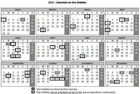 Disponible el calendario 2012 de días inhábiles de la administración