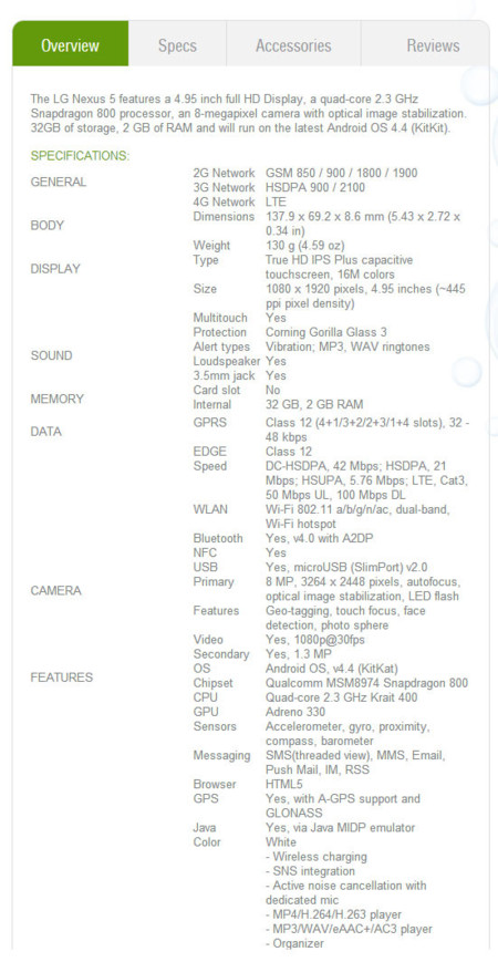 Nexus 5 specs